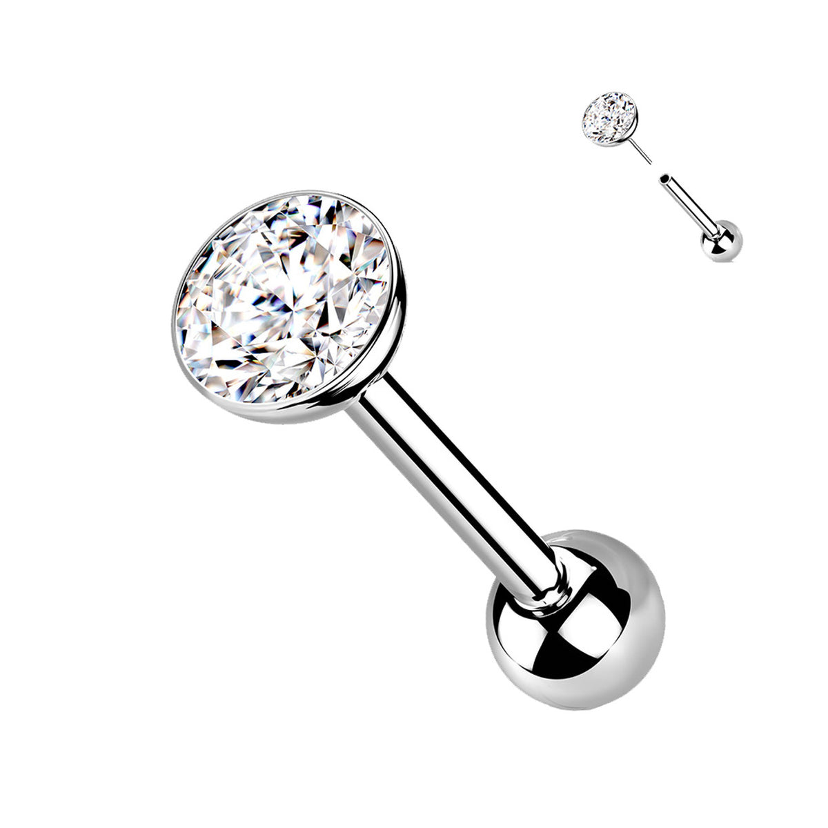 Titanium Cartilage Barbell Ball Top 18 16 Gauge Threadless CZ Gem - Kruelty