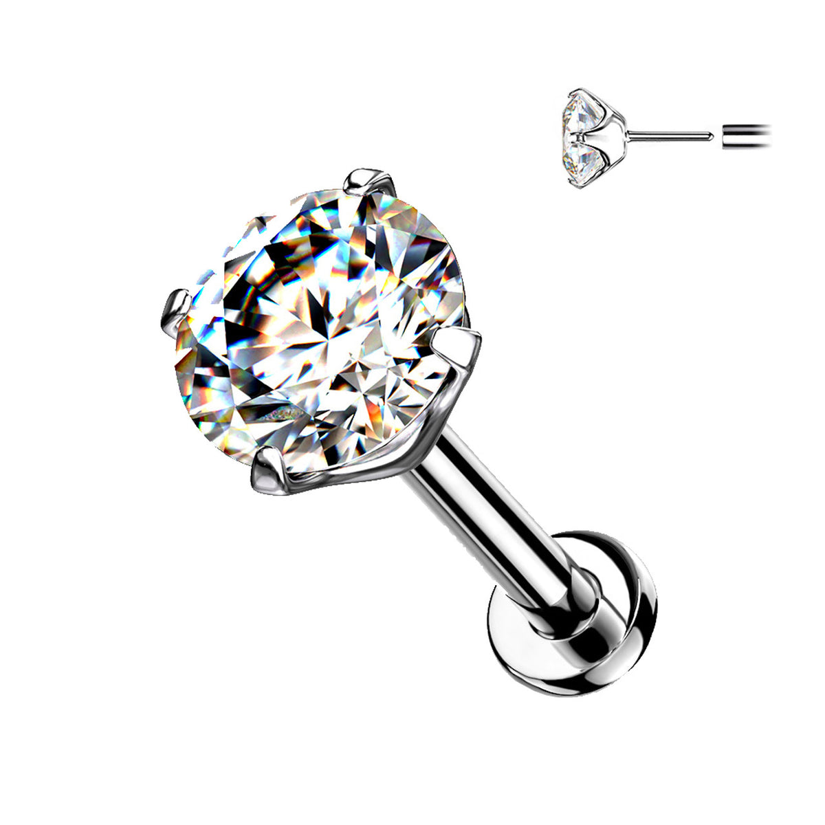 Titanium Labret Stud 20 18 & 16 Gauge Threadless Ring Clear Gem - Kruelty