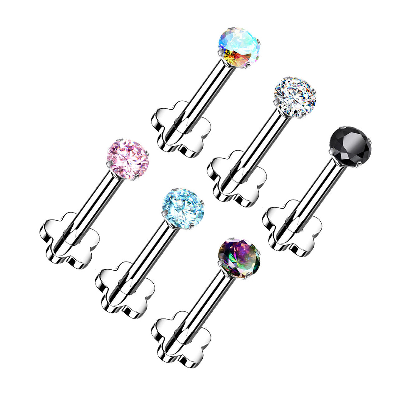 Titanium Monroe / Labret Stud Ring 18 Gauge Threadless Gem Flower Back