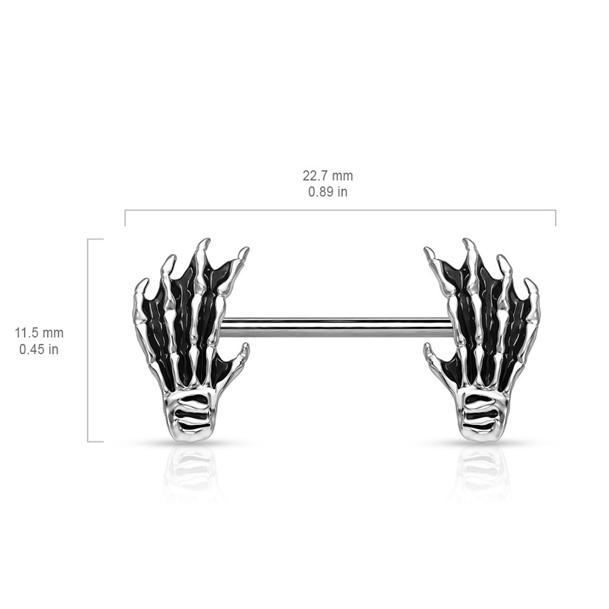 Surgical Steel Straight Barbell Nipple Ring 14 Gauge Skull Hand - Pair - Kruelty - Photo 4