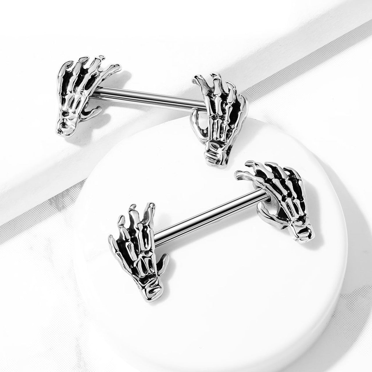 Surgical Steel Straight Barbell Nipple Ring 14 Gauge Skull Hand - Pair