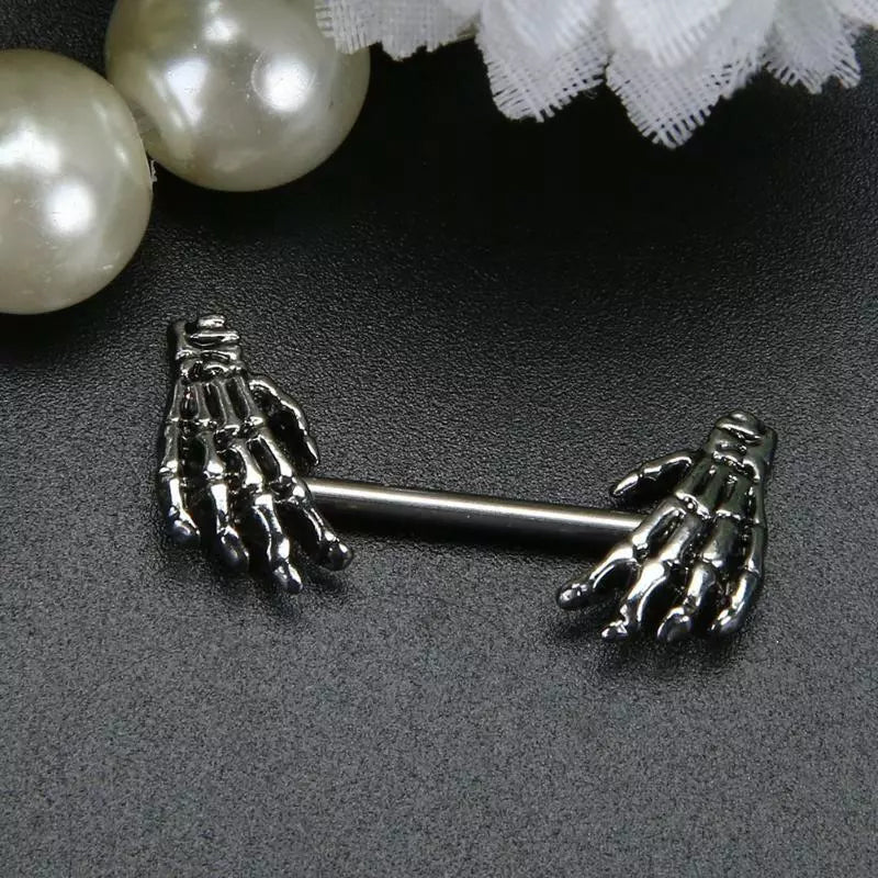 Surgical Steel Straight Barbell Nipple Ring 14 Gauge Skull Hand - Pair - Kruelty - Photo 5