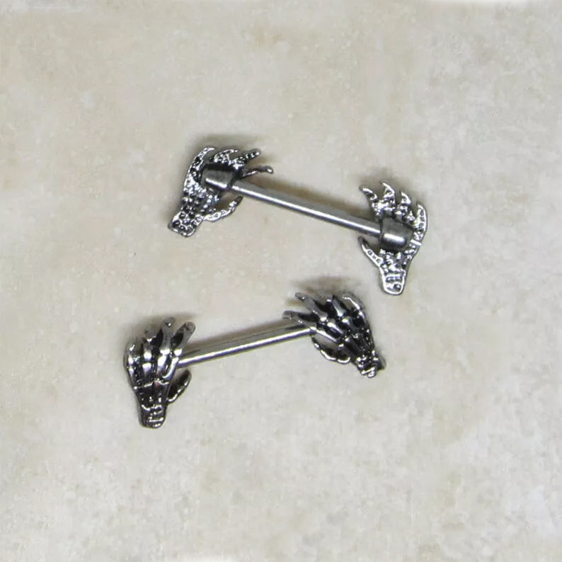 Surgical Steel Straight Barbell Nipple Ring 14 Gauge Skull Hand - Pair