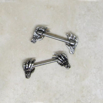 Surgical Steel Straight Barbell Nipple Ring 14 Gauge Skull Hand - Pair