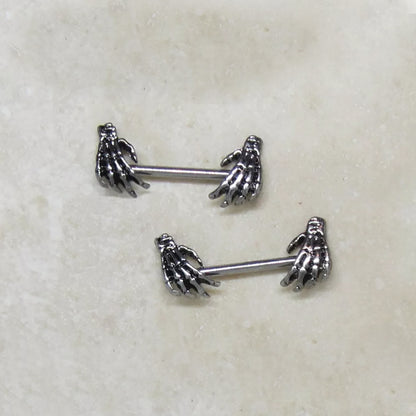 Surgical Steel Straight Barbell Nipple Ring 14 Gauge Skull Hand - Pair