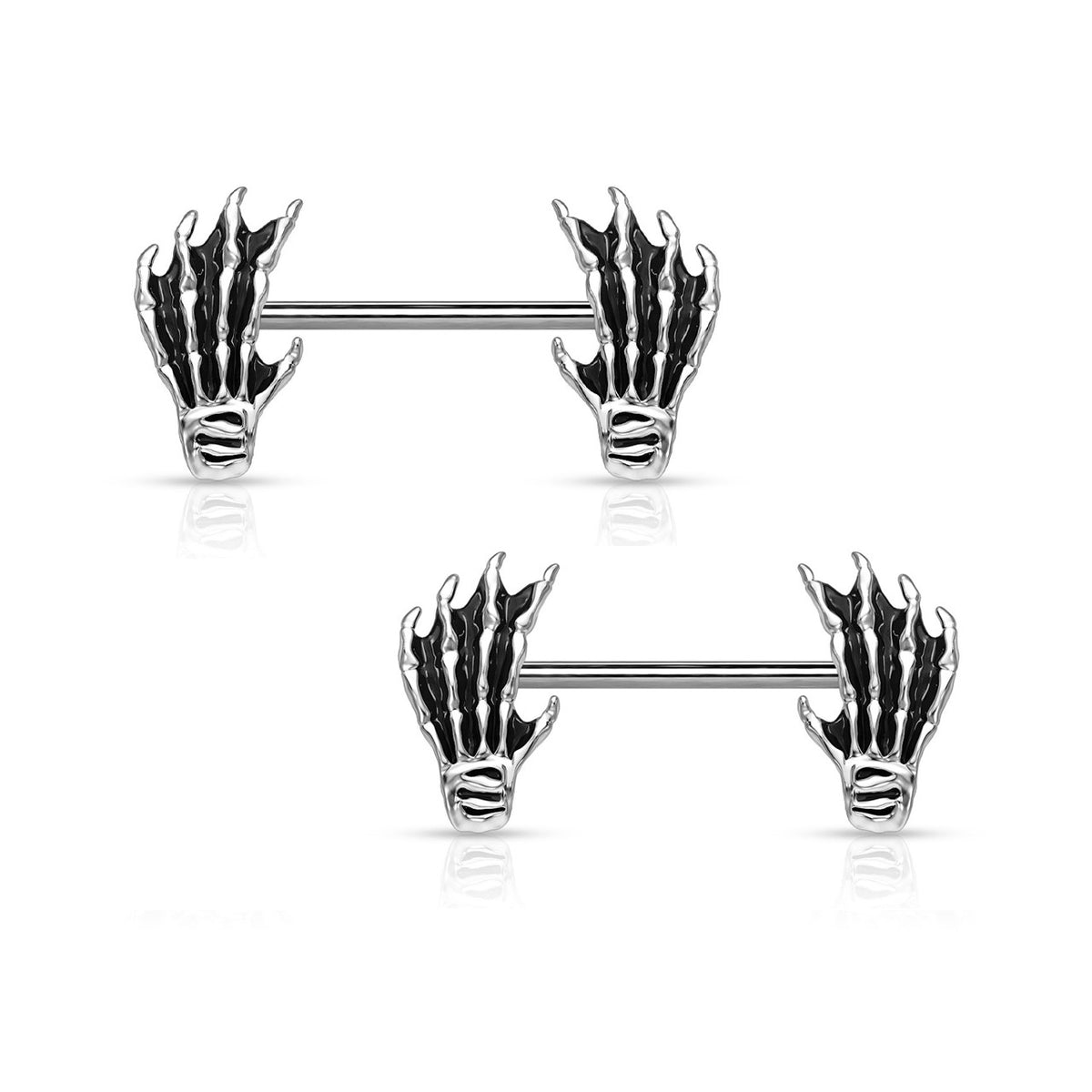 Surgical Steel Straight Barbell Nipple Ring 14 Gauge Skull Hand - Pair - Kruelty