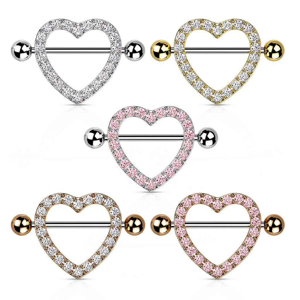 Surgical Steel Nipple Ring Barbell Shield 14 Gauge & Gem Paved Heart