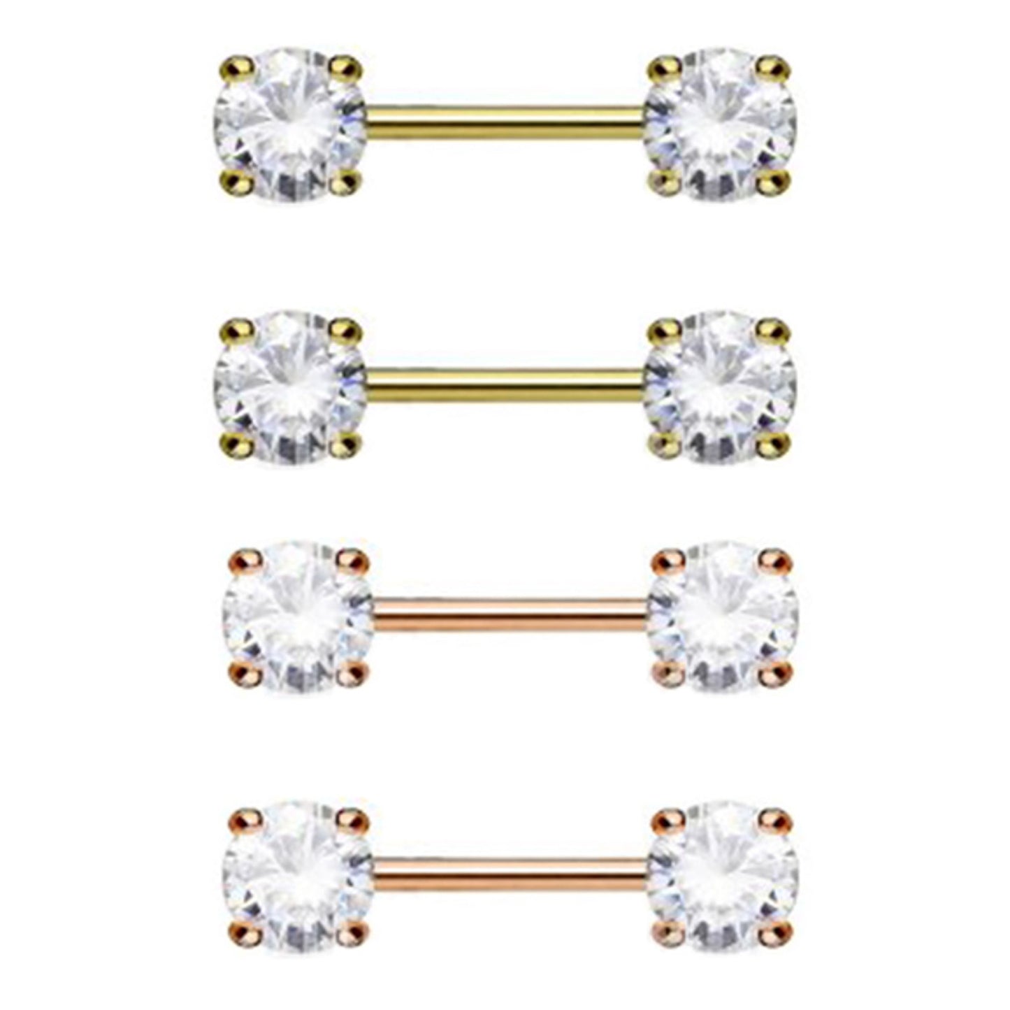 Surgical Steel Nipple Ring Barbell 14 Gauge Gold IP & CZ Gems Set