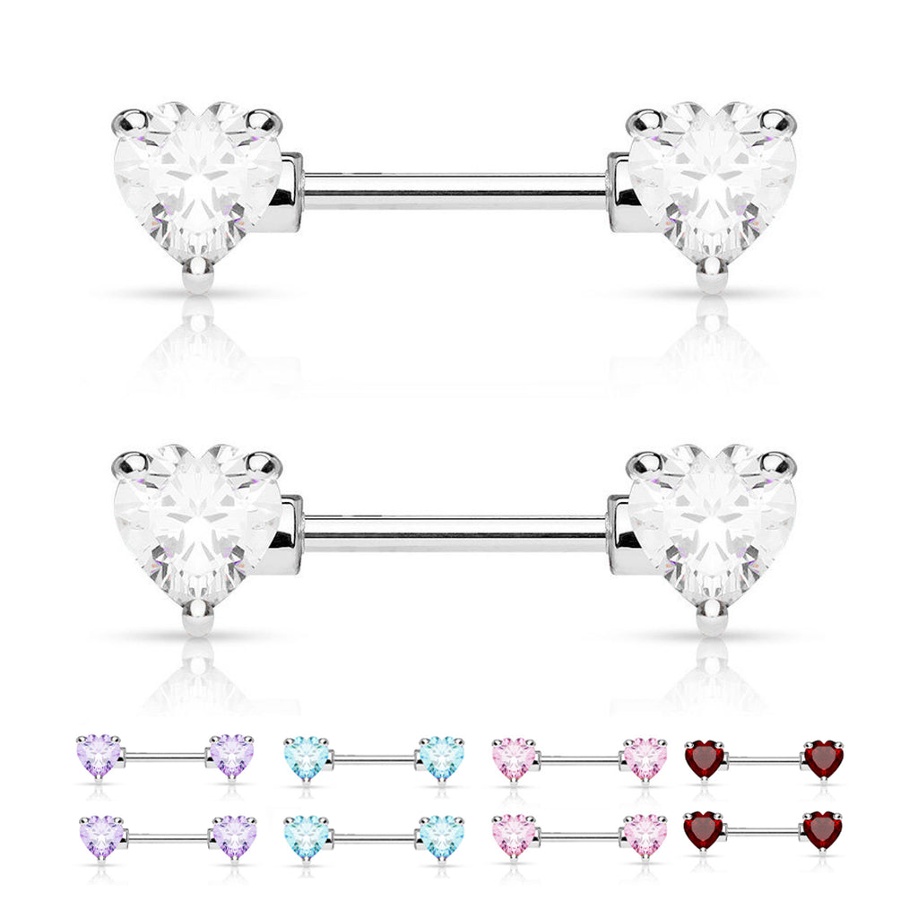 Surgical Steel Nipple Ring Barbell 14 Gauge Heart Shaped CZ Gem - Pair - Kruelty