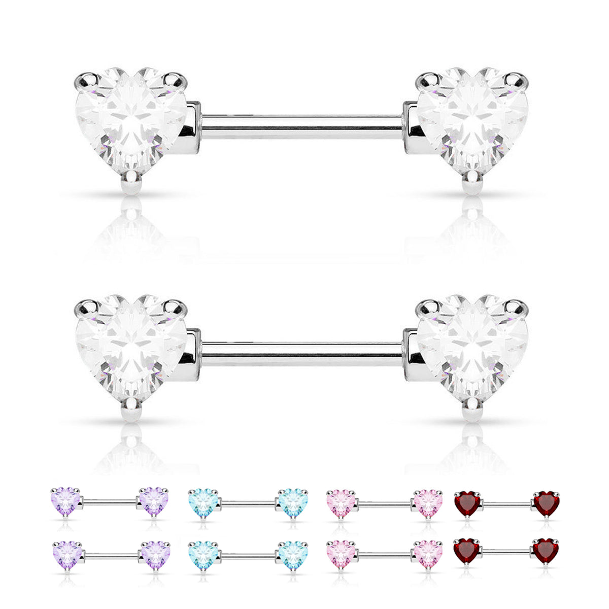 Surgical Steel Nipple Ring Barbell 14 Gauge Heart Shaped CZ Gem - Pair - Kruelty