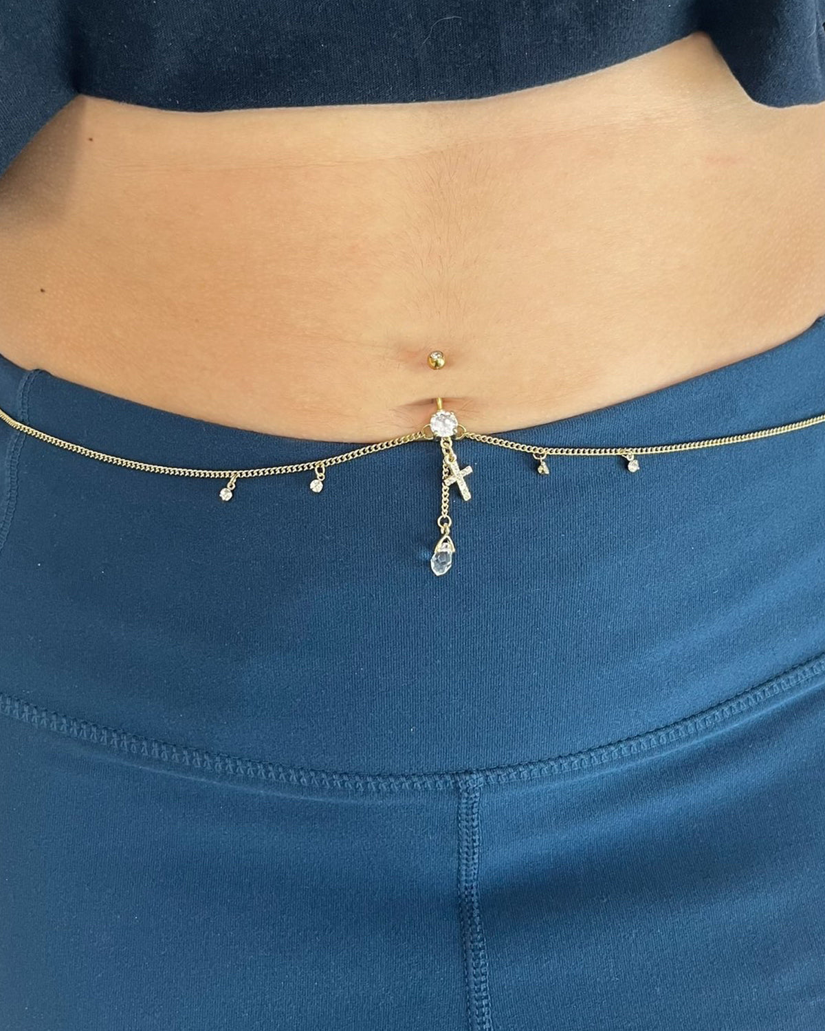 Surgical Steel Belly Ring 14G 11mm with Gold Chain & CZ Teardrop - photo 3