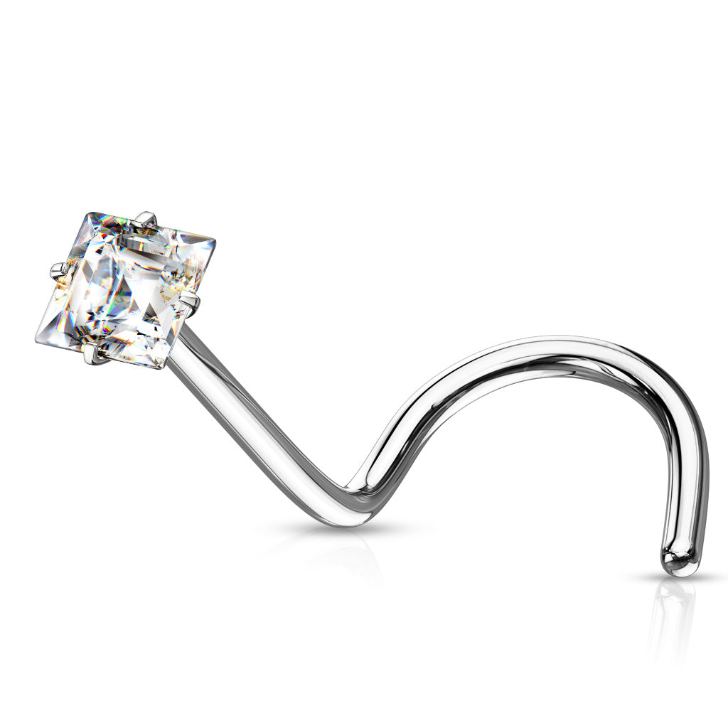 Surgical Steel 20 Gauge Prong Set Square CZ Nose Screw