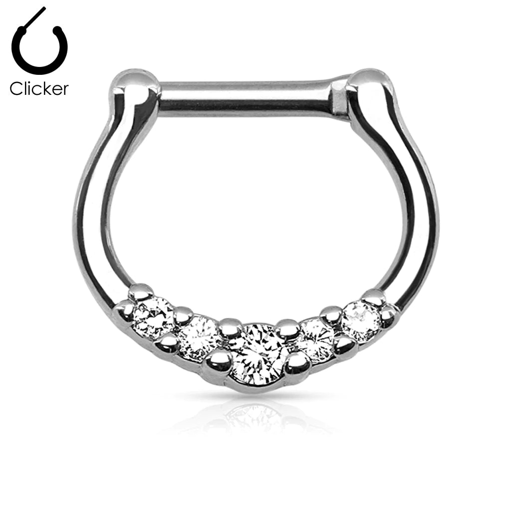 Surgical Steel Septum Clicker Ring 16 Gauge 5 CZ Gems - Kruelty - Photo 2