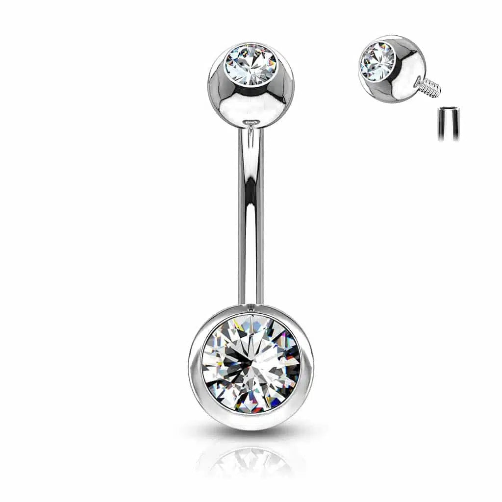 Surgical Steel Belly Ring 14 Gauge Internally Threaded & Clear CZ Gems