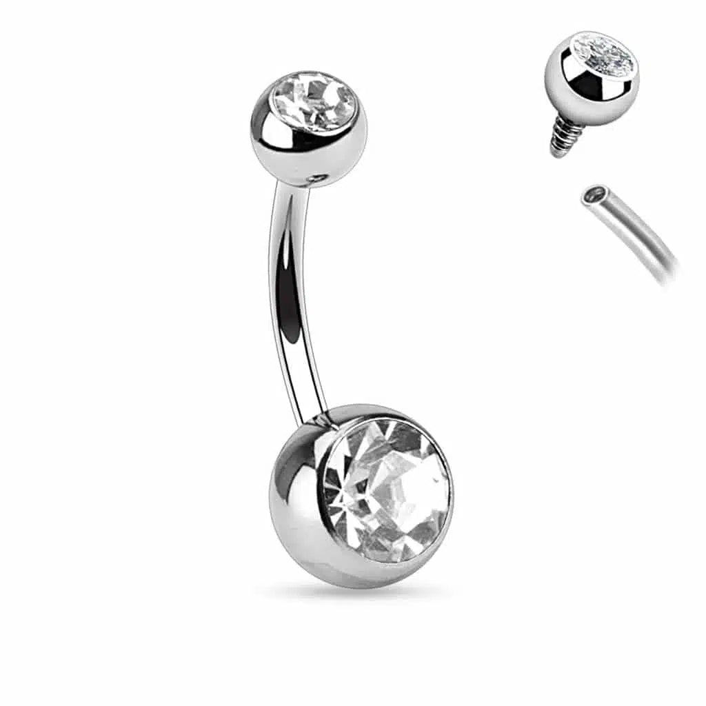Surgical Steel Belly Ring 14 Gauge Internally Threaded & Clear CZ Gems - Kruelty