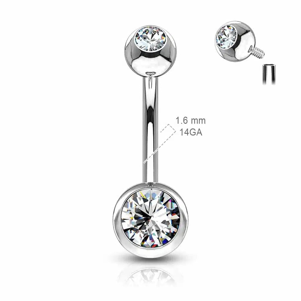 Surgical Steel Belly Ring 14 Gauge Internally Threaded & Clear CZ Gems - Kruelty - Photo 3