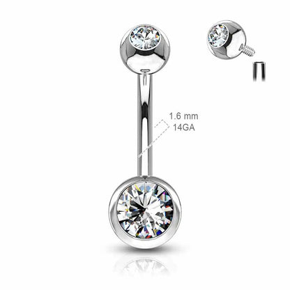 Surgical Steel Belly Ring 14 Gauge Internally Threaded & Clear CZ Gems