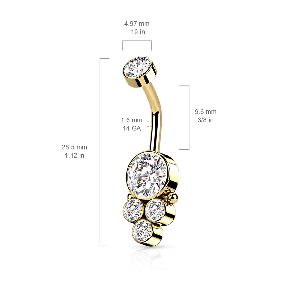 Surgical Steel 14 Gauge Belly Ring with Triple CZ Cluster - photo 6