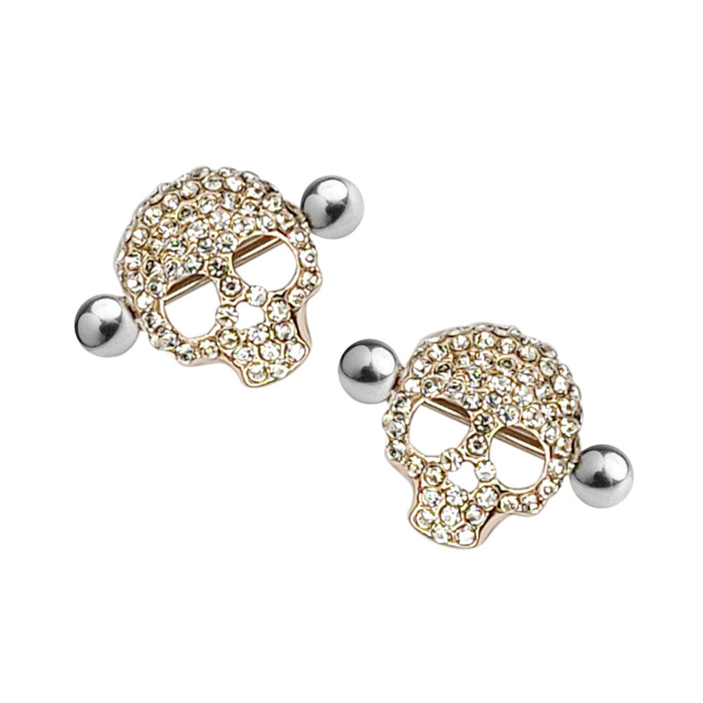 Surgical Steel Barbell Nipple Shield Ring 14 Gauge & Gem Skull - Pair - Kruelty