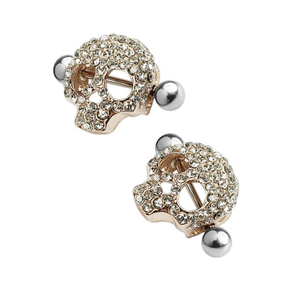 Surgical Steel Barbell Nipple Shield Ring 14 Gauge & Gem Skull - Pair