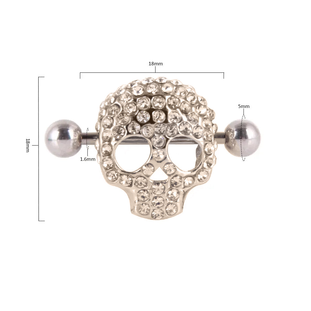 Surgical Steel Barbell Nipple Shield Ring 14 Gauge & Gem Skull - Pair - Kruelty - Photo 4