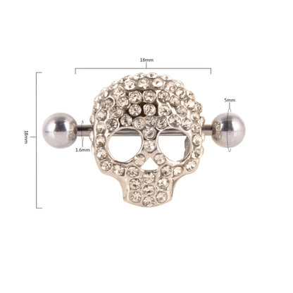 Surgical Steel Barbell Nipple Shield Ring 14 Gauge & Gem Skull - Pair