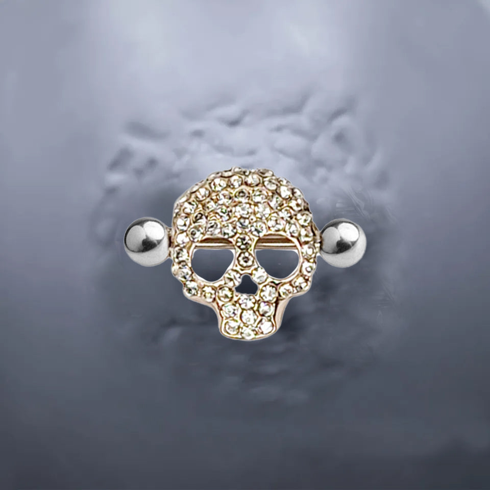 Surgical Steel Barbell Nipple Shield Ring 14 Gauge & Gem Skull - Pair