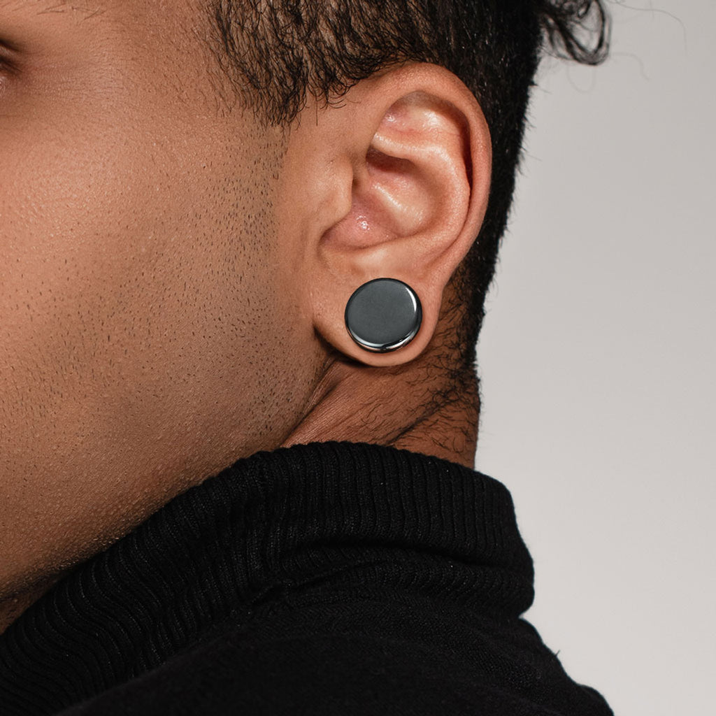 Double Flare Plug Ear Tunnel 6 to 5/8" Gauge & Hematite Stone - Pair - Kruelty - Photo 2