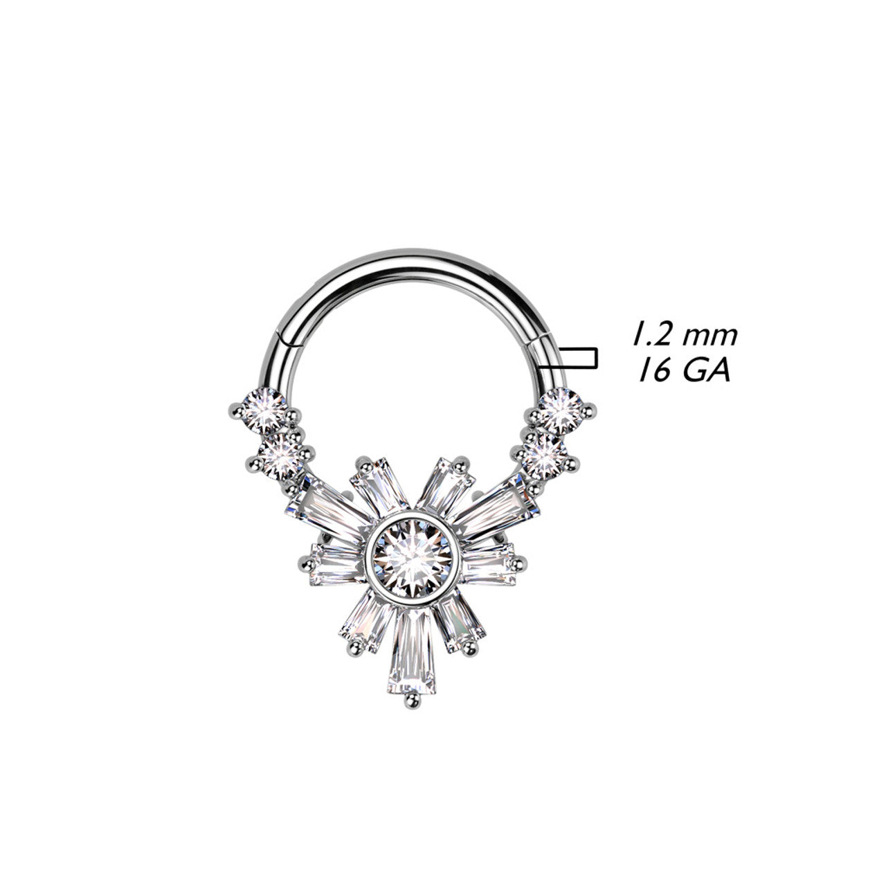 Surgical Steel Hinged Segment Ring 16 Gauge With Baguette CZ Flower