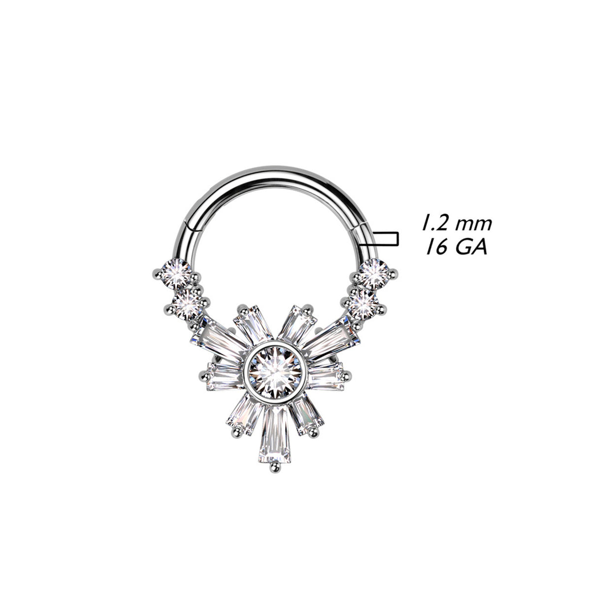 Surgical Steel Hinged Segment Ring 16 Gauge Baguette CZ Flower - Kruelty - Photo 7