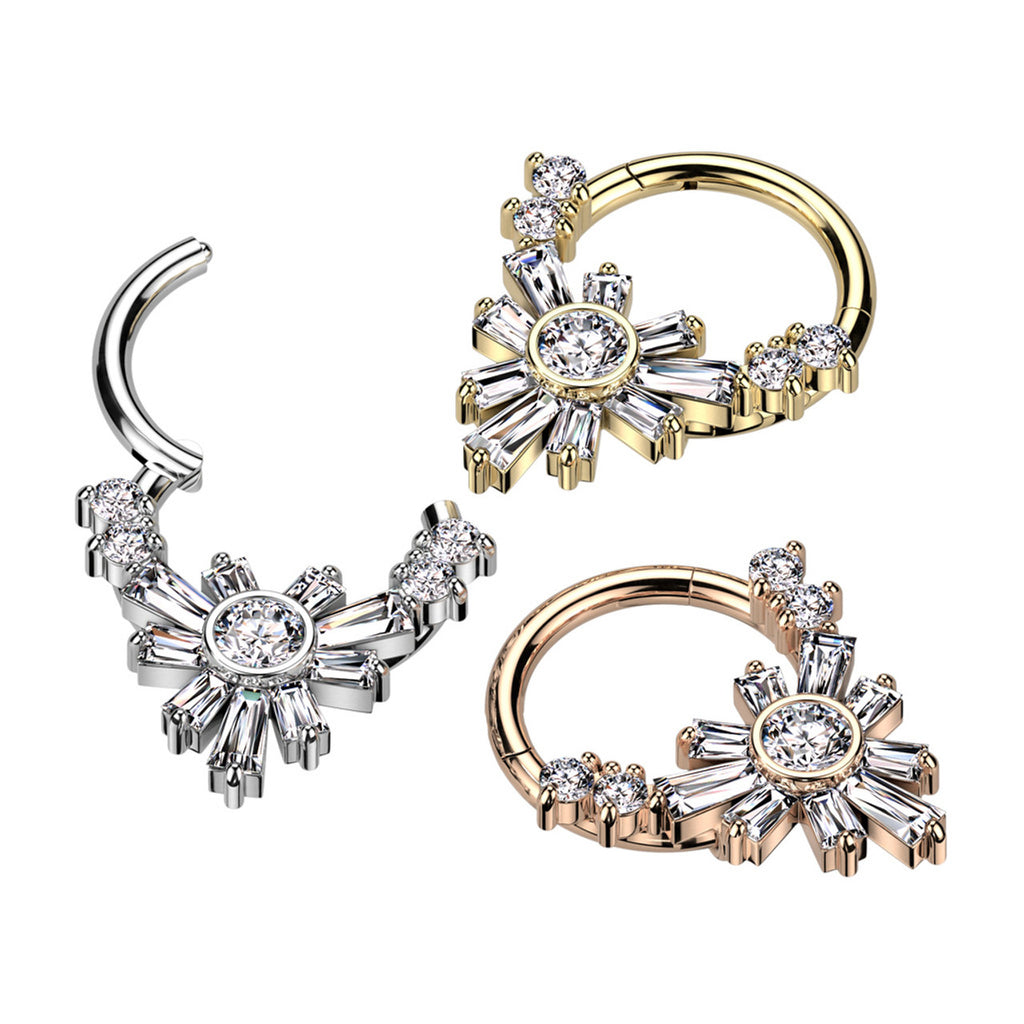 Surgical Steel Hinged Segment Ring 16 Gauge Baguette CZ Flower - Kruelty - Photo 2