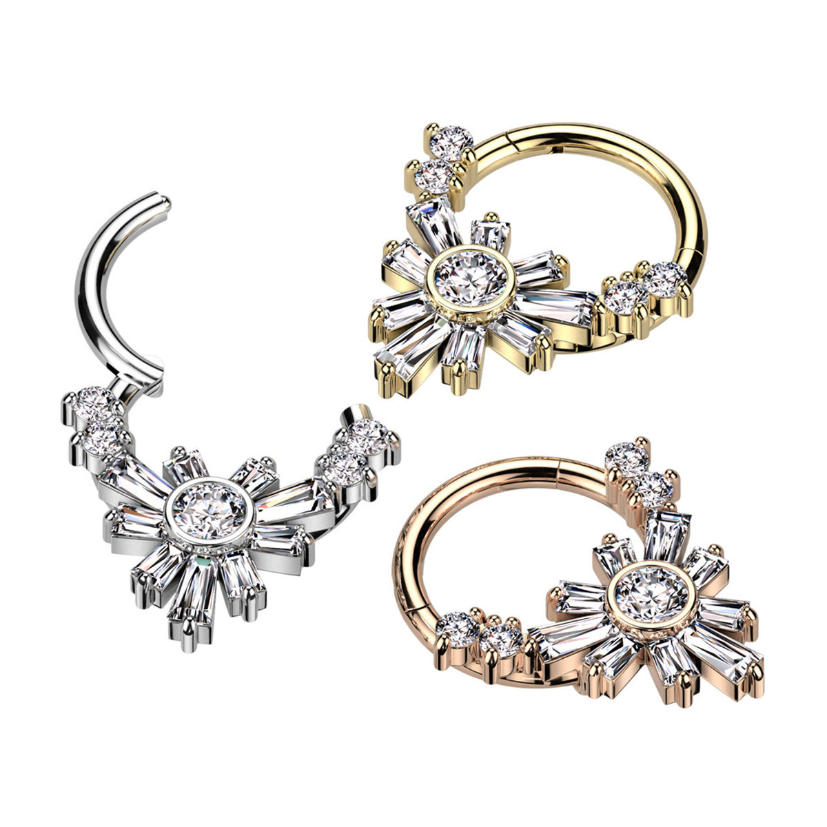 Surgical Steel Hinged Segment Ring 16 Gauge Baguette CZ Flower - Kruelty - Photo 2