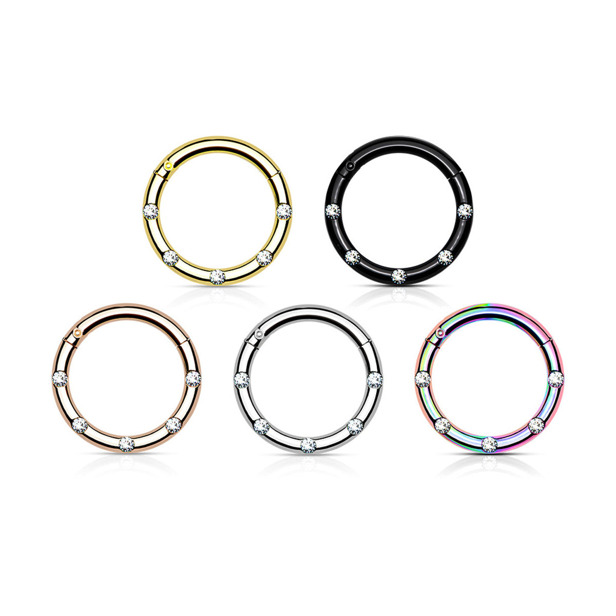 Surgical Steel Hinged Segment Hoop Ring 16 Gauge & 5 Flush Gems - Kruelty