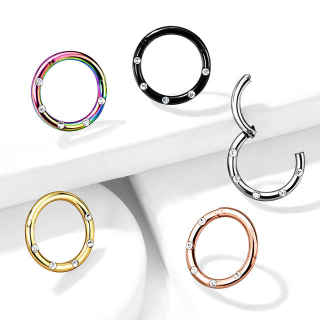 Surgical Steel Hinged Segment Hoop Ring 16 Gauge & 5 Flush Gems - Kruelty - Photo 3