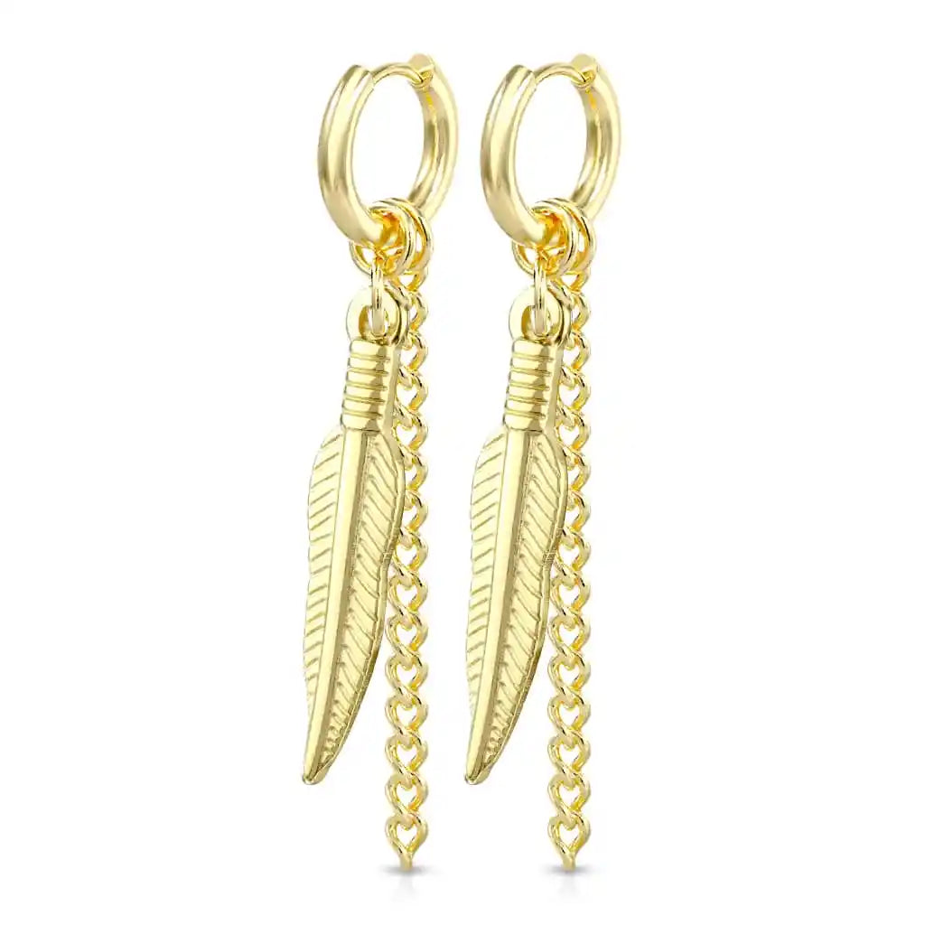 Surgical Steel Hoop Earring 18 Gauge Dangle Feather Chain - Pair - Kruelty - Photo 6