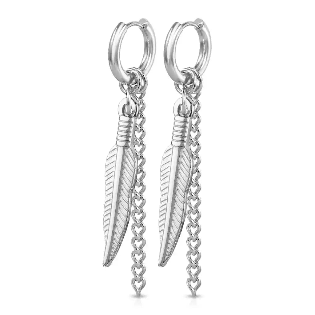 Surgical Steel Hoop Earring 18 Gauge With Dangle Feather Chain - Pair