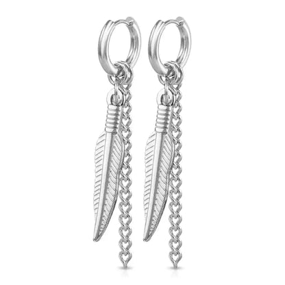 Surgical Steel Hoop Earring 18 Gauge With Dangle Feather Chain - Pair