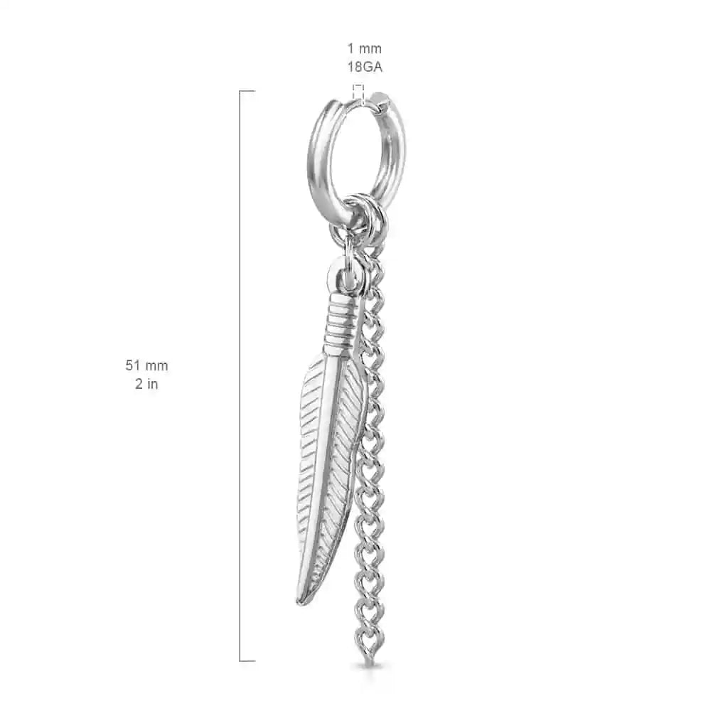 Surgical Steel Hoop Earring 18 Gauge Dangle Feather Chain - Pair - Kruelty - Photo 5