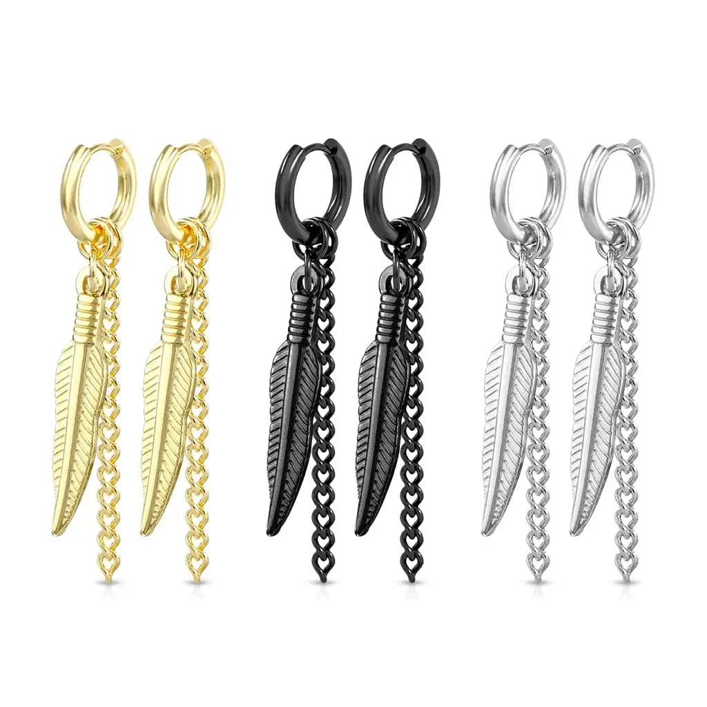 Surgical Steel Hoop Earring 18 Gauge Dangle Feather Chain - Pair - Kruelty