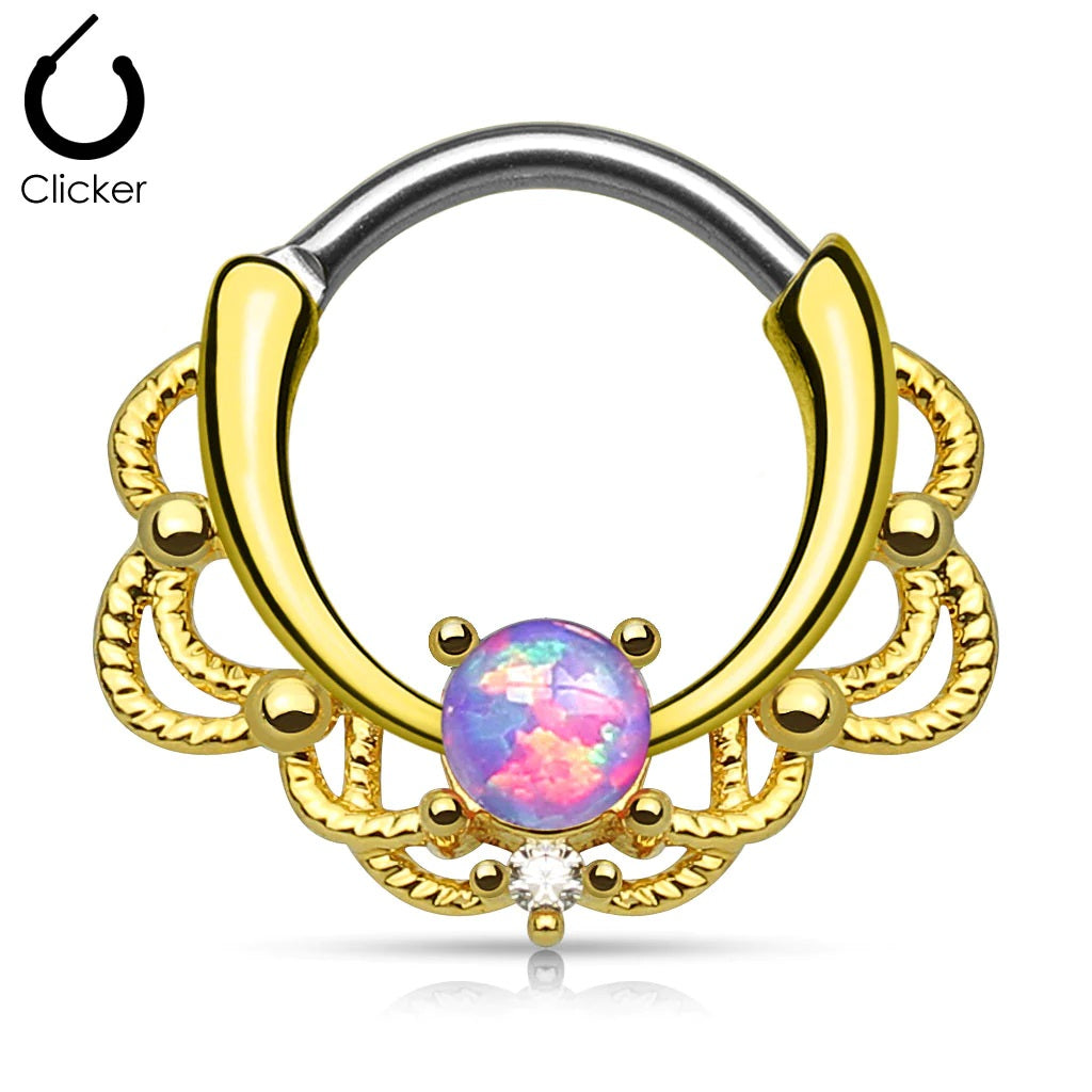14K Gold Surgical Steel Septum Clicker 16 Gauge Lace Design Opal Gem