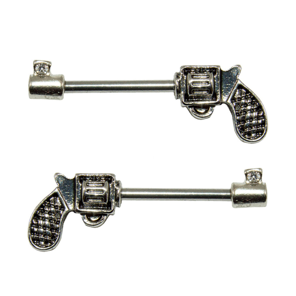 Surgical Steel 14 Gauge Nipple Barbell CZ with Revolver Pistol - Pair