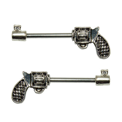 Surgical Steel 14 Gauge Nipple Barbell CZ with Revolver Pistol - Pair