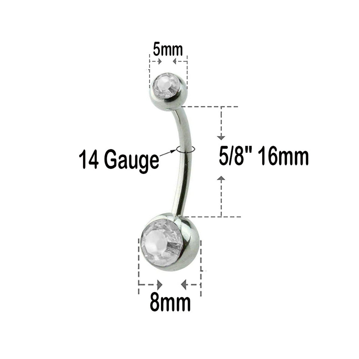 Surgical Steel Long Belly Ring 14 Gauge 5/8" (16 mm) & Color CZ Gems - Kruelty - Photo 11