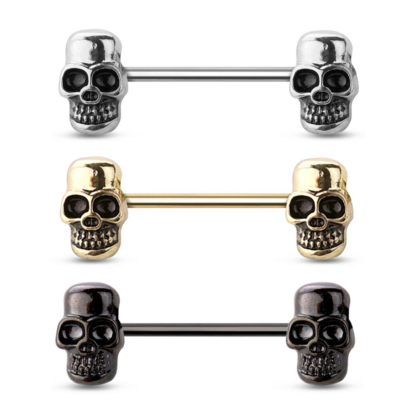 Surgical Steel Straight Barbell Nipple Ring 14 Gauge with Skull - Pair