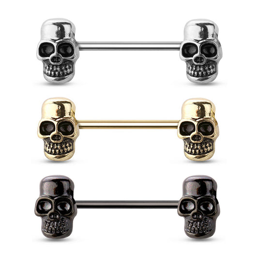 Surgical Steel Straight Barbell Nipple Ring 14 Gauge with Skull - Pair