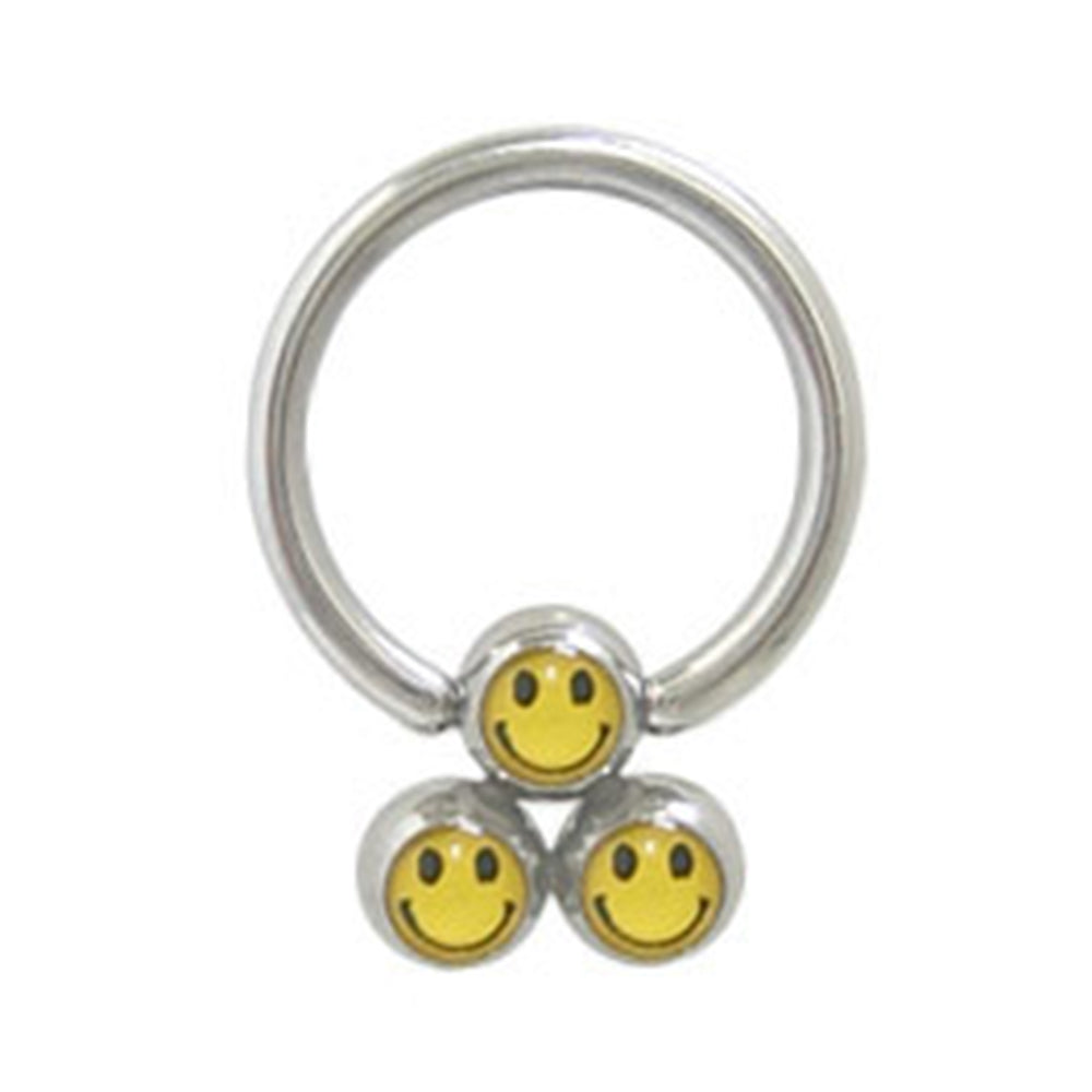 Surgical Steel 14 Gauge Captive Bead Ring with Triple Smiley Face Logo