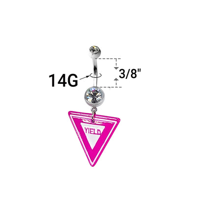 Surgical Steel Belly Ring 14G 10mm with Pink Yield Sign Triangle - photo 2