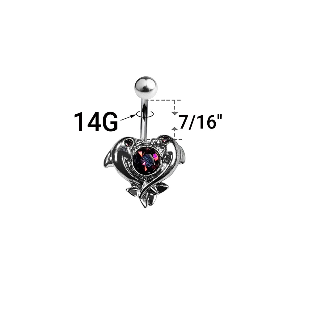 Surgical Steel 14 Gauge Dolphin with Purple Heart CZ Belly Ring