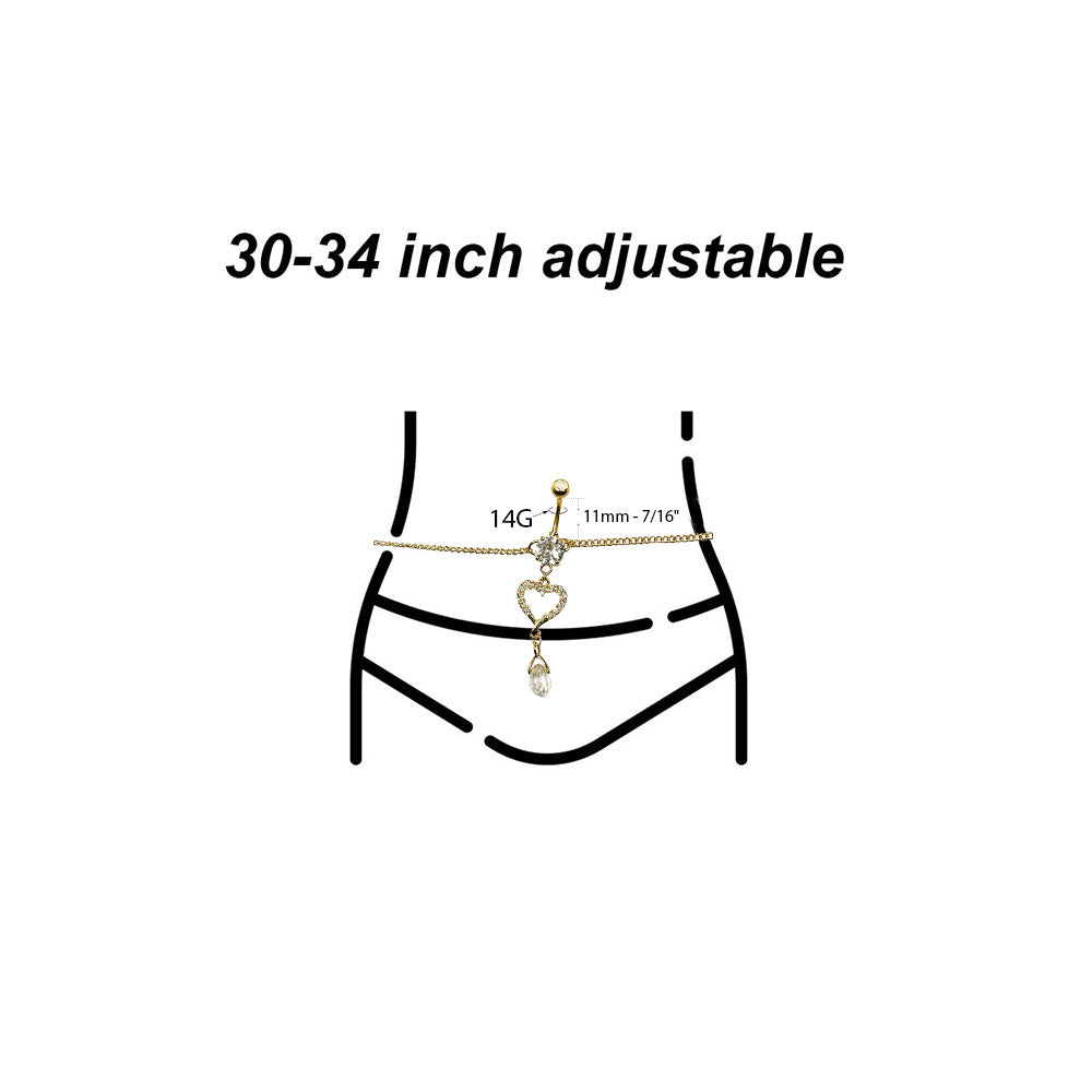 Gold Plated Surgical Steel Belly Chain with Heart CZ Dangle Charm