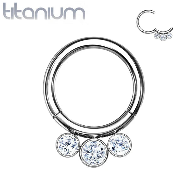 Titanium Hinged Segment Hoop Septum Ring 16 Gauge With 3 Forward Gems